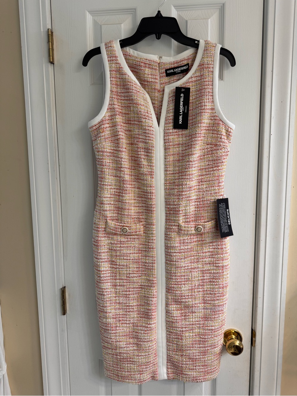 NEW! Karl Lagerfeld Pink and White Tweed Midi Sheath Dress